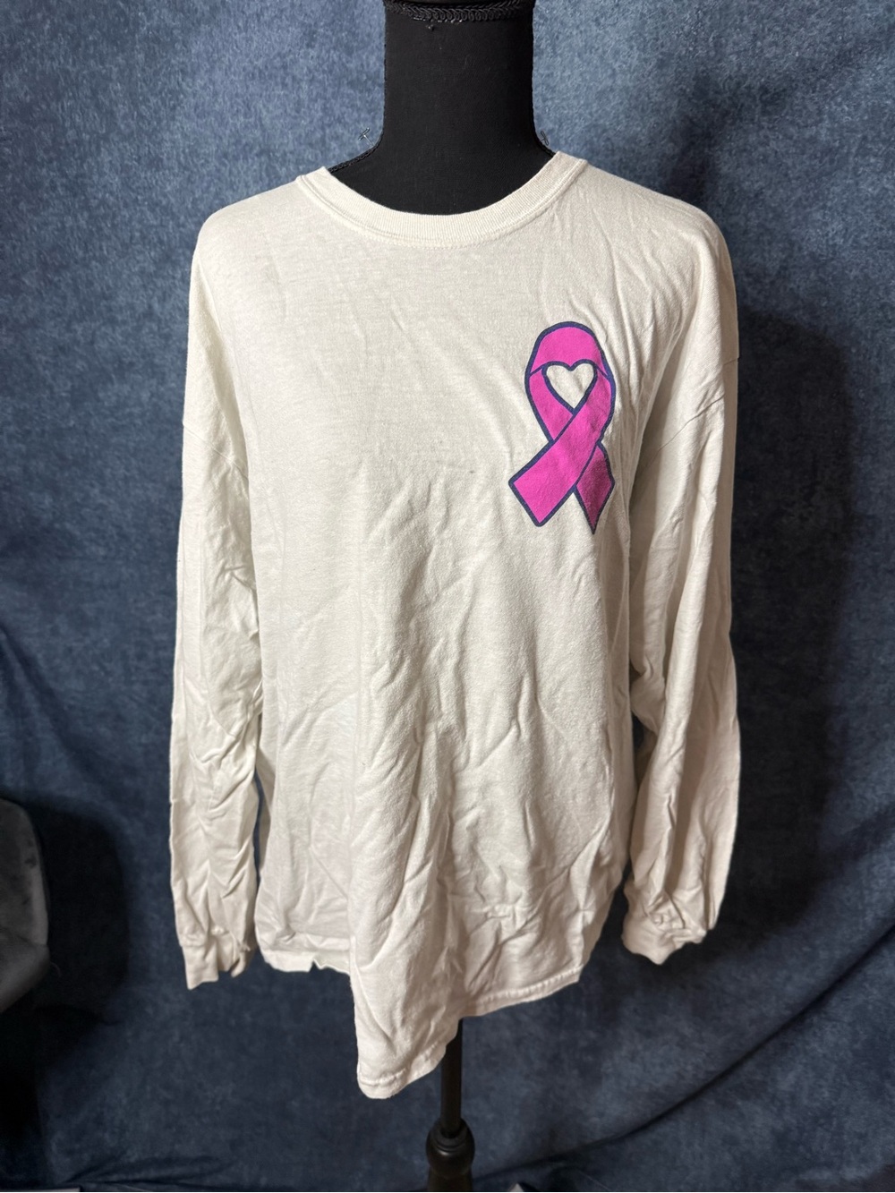 Cream Long Sleeve Tee with Pink Ribbon
